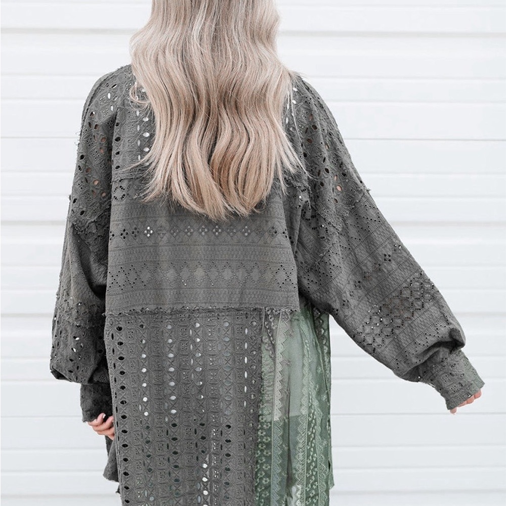 Duffel Green Eyelet Pattern Patchwork Oversized Button Up Shacket Bohemian style - Picture 5 of 15